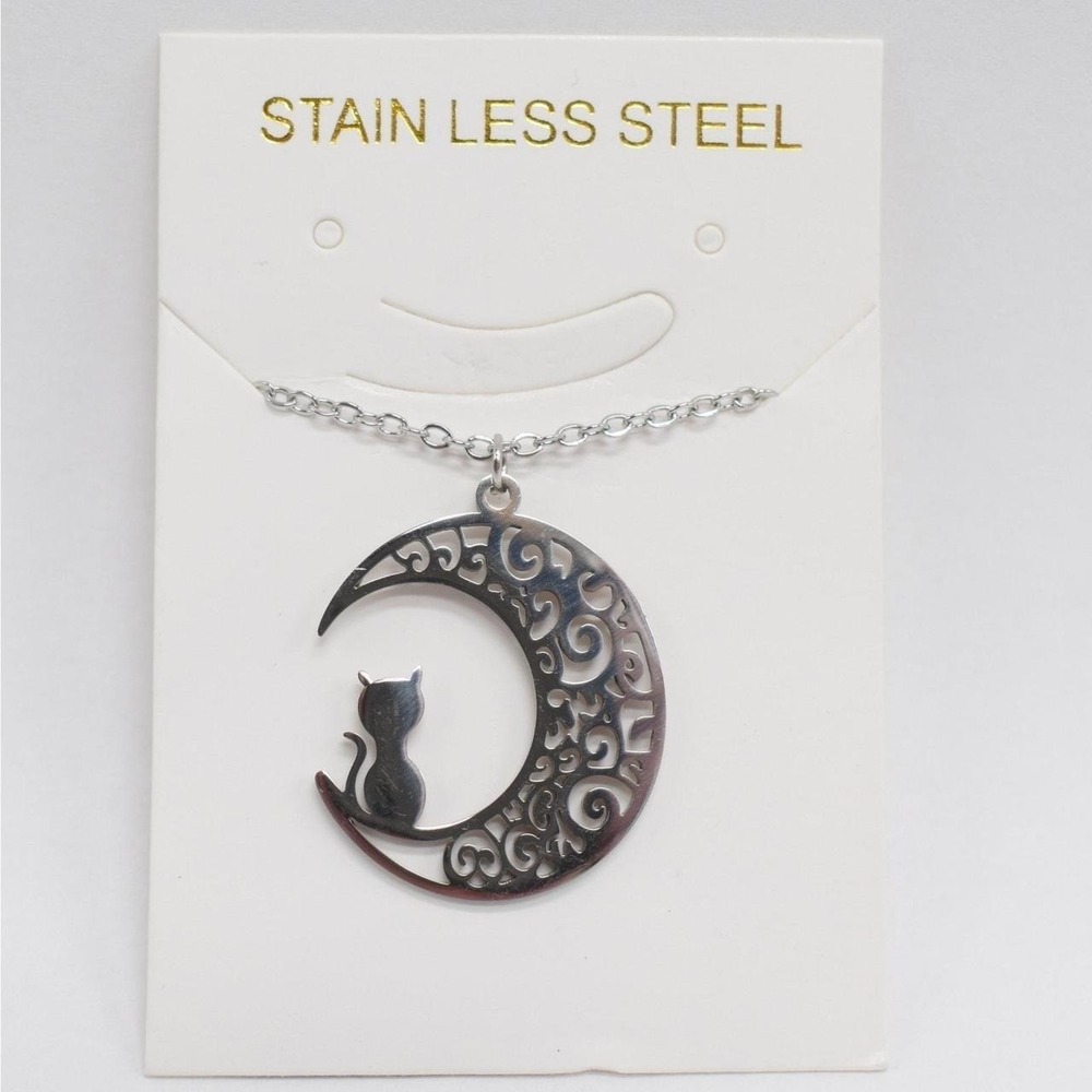 Celestial Cat in Moon Silver Necklace Stainless Steel Chain Whimsigoth Halloween